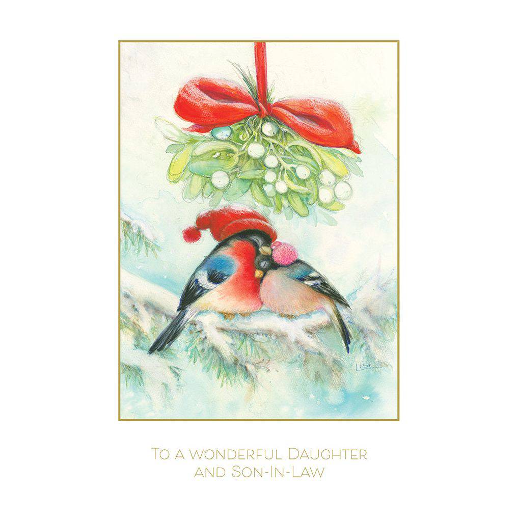 Pictura Christmas card featuring birds snuggling under mistletoe, with daughter and husband, festive holiday greeting scene.